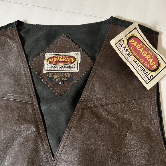 Vintage 80s Paragraff Clothing Genuine Leather Vest Size M Brown Snap Button - Picture 3 of 6